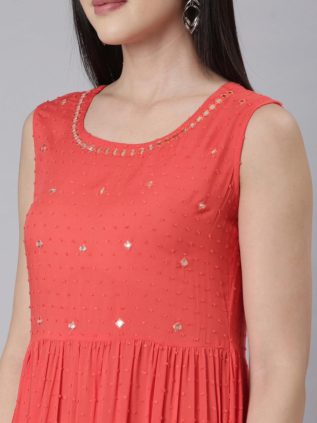 Neerus Orange cotton embellished Anarkali kurti - detail view 2