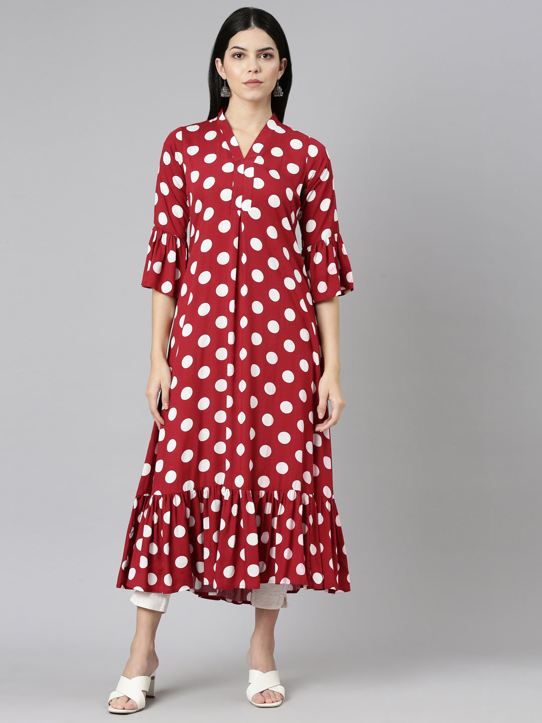 Neerus Maroon Straight Casual Printed Dress