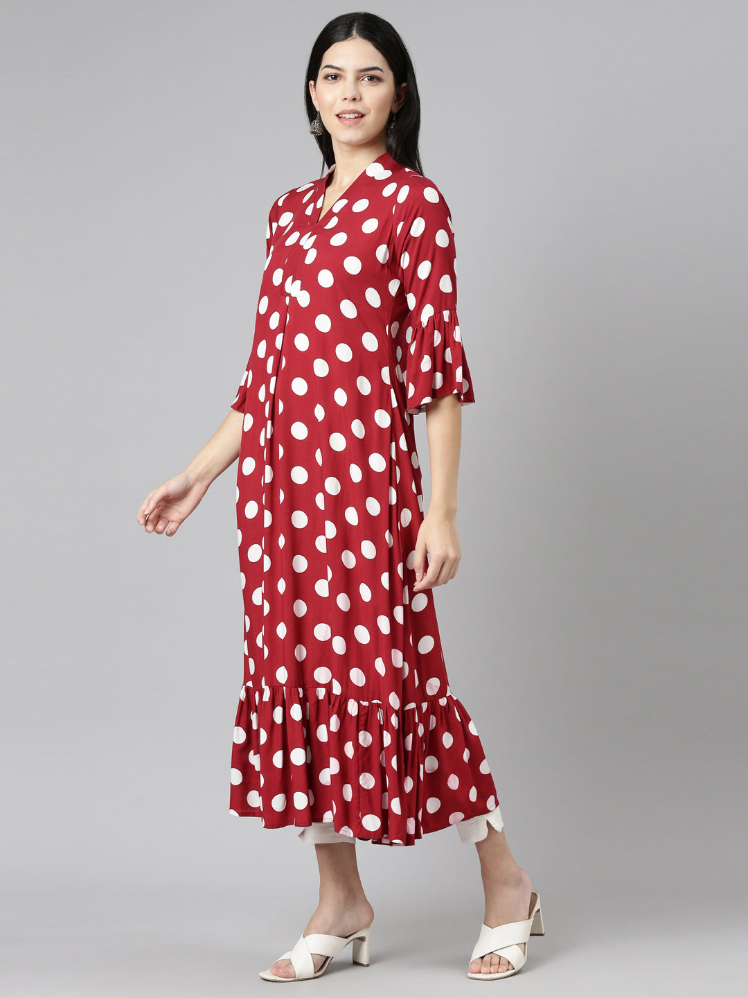 Neerus Maroon Straight Casual Printed Dress