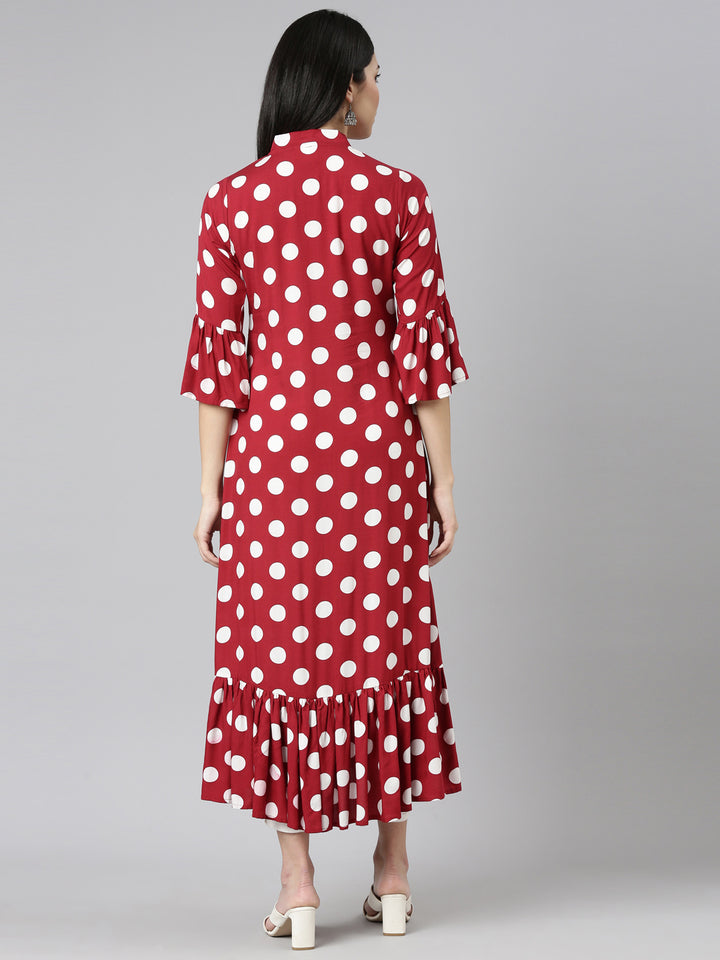 Neerus Maroon Straight Casual Printed Dress