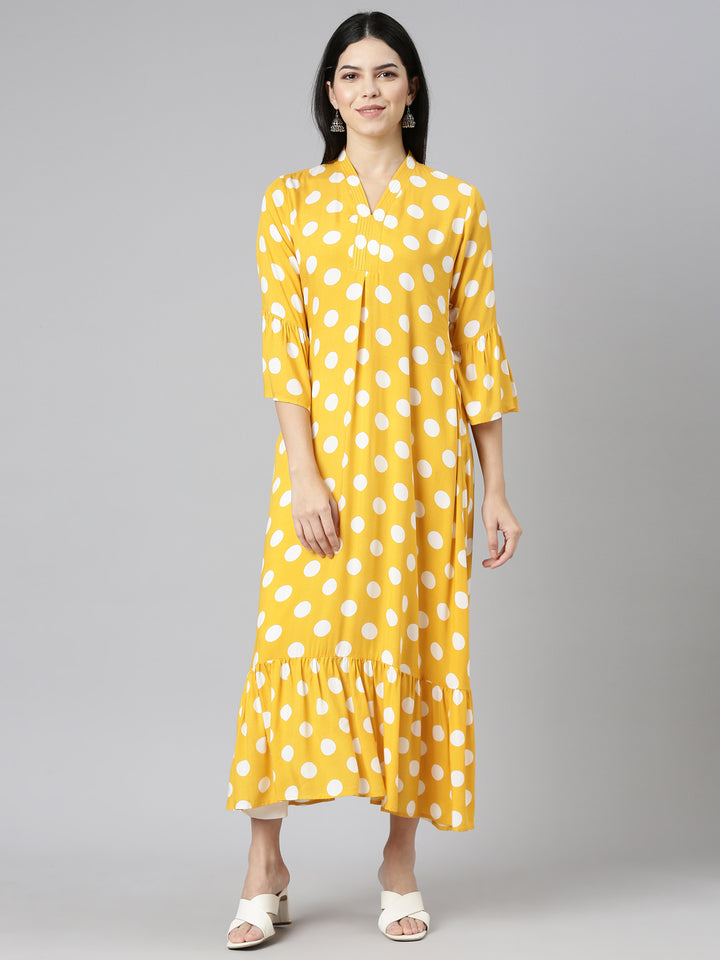 Neerus Mustard Straight Casual Printed Dress