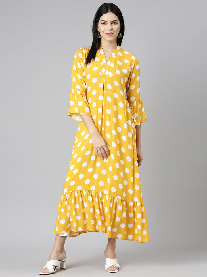 Neerus Mustard Straight Casual Printed Dress