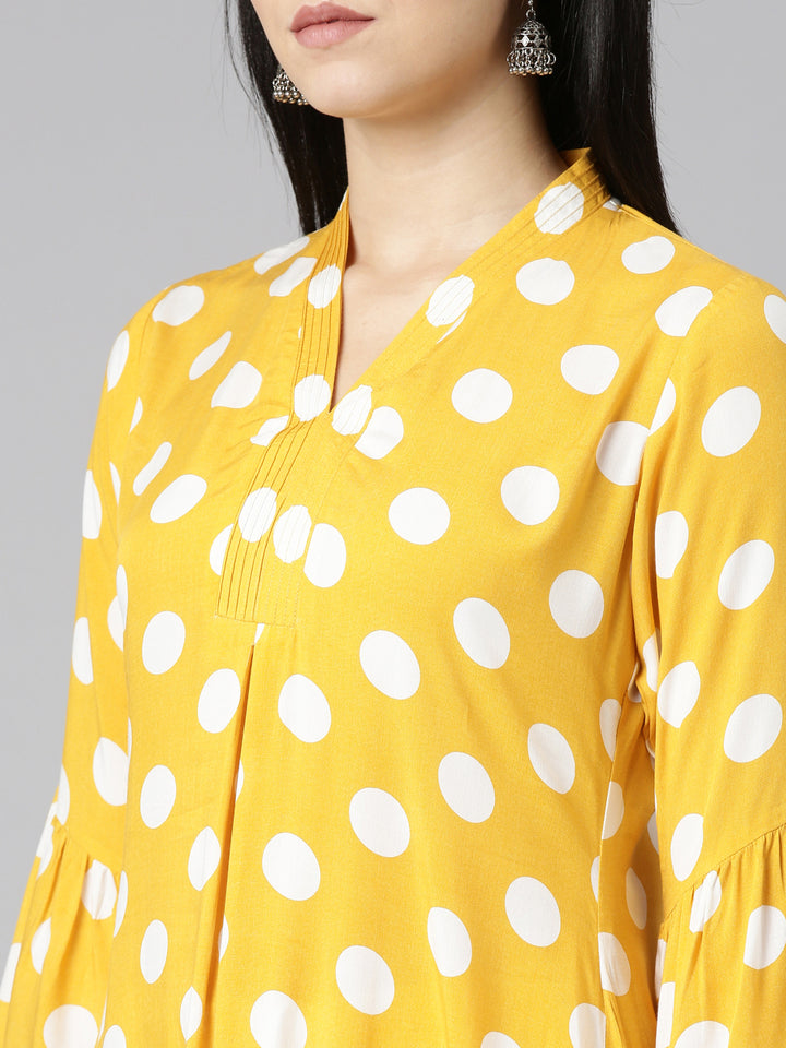 Neerus Mustard Straight Casual Printed Dress