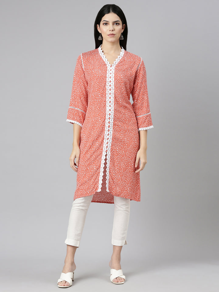 Neerus Rust Regular Straight Printed Kurta