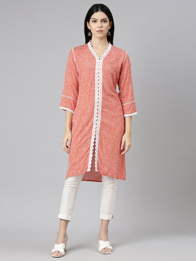Neerus Rust Regular Straight Printed Kurtas