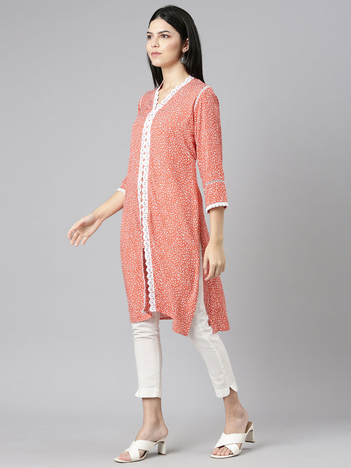 Neerus Rust Regular Straight Printed Kurta