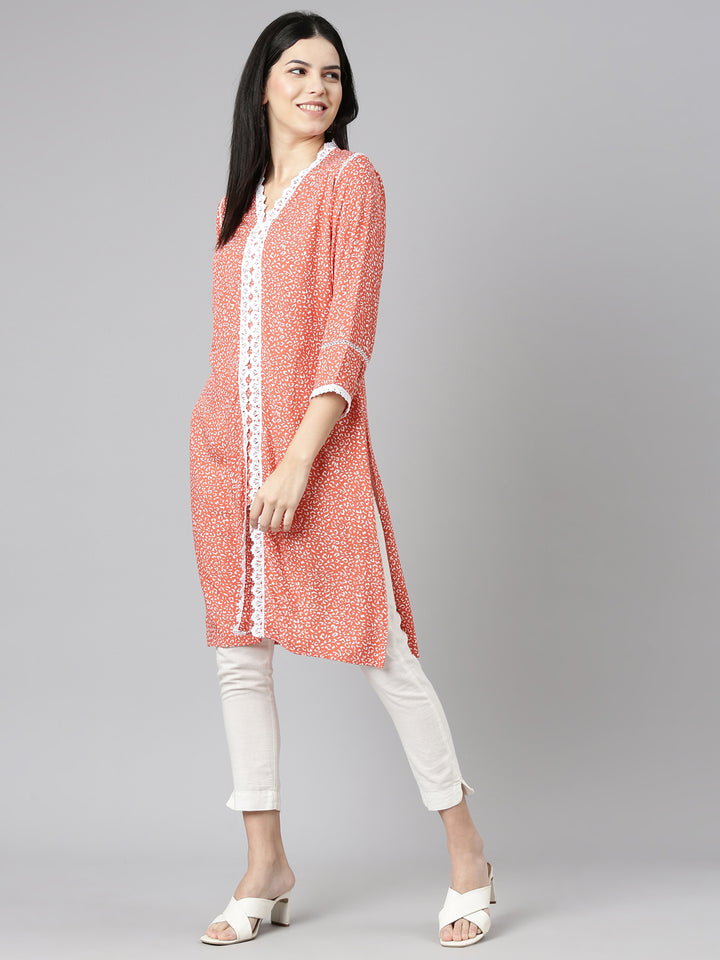 Neerus Rust Regular Straight Printed Kurta