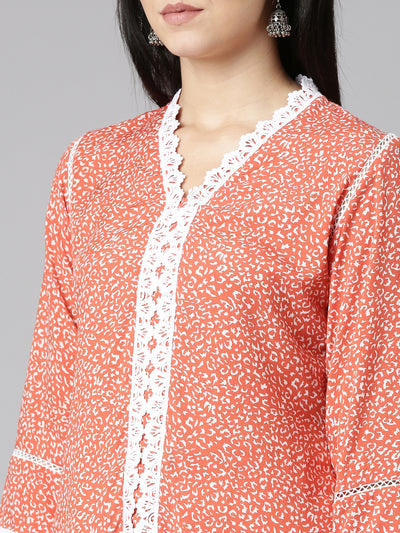 Neerus Rust Regular Straight Printed Kurtas