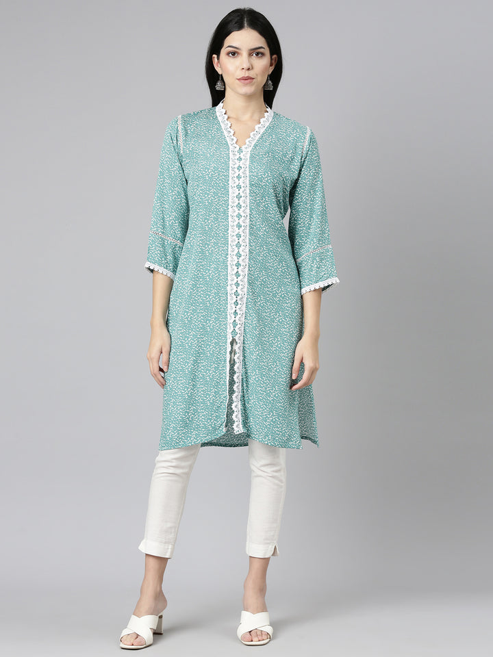 Neerus Sea Green Regular Straight Printed Kurta