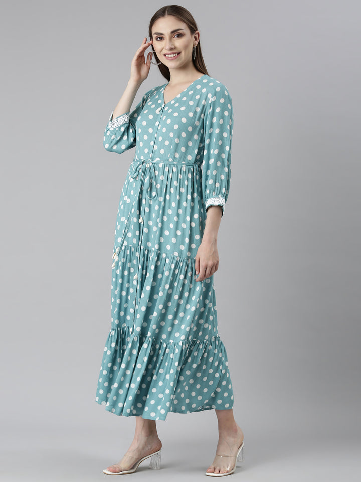 Neerus Sea Green Straight Casual Polka Dots Dresses