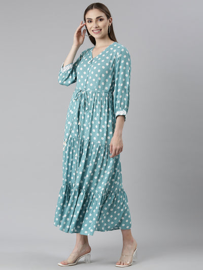 Neeru's Sea Green Straight Casual Polka Dots Dresses