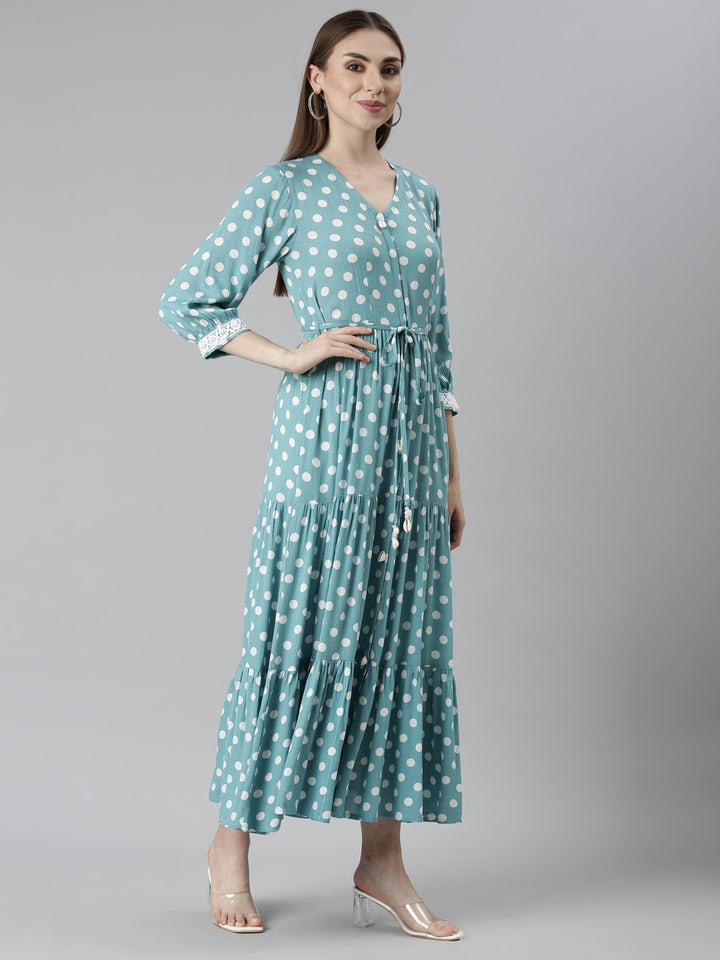 Neerus Sea Green Straight Casual Polka Dots Dresses