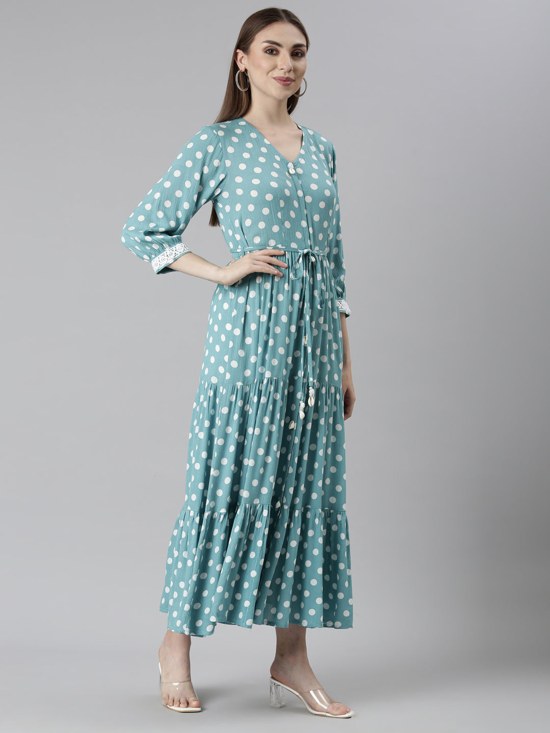 Neeru's Sea Green Straight Casual Polka Dots Dresses