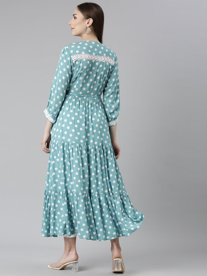 Neerus Sea Green Straight Casual Polka Dots Dresses