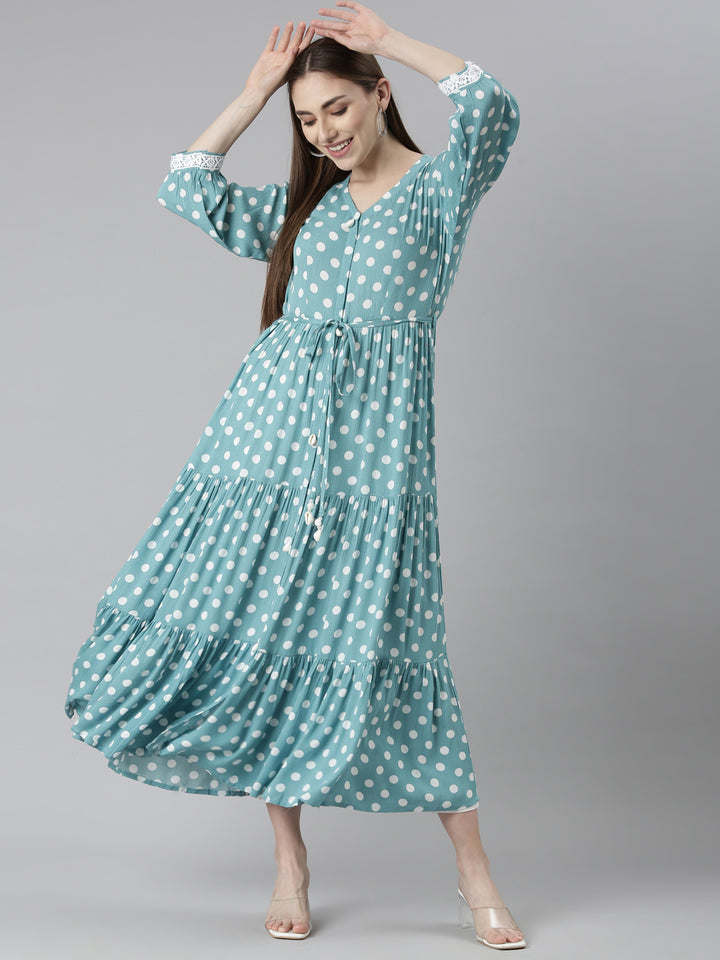 Neerus Sea Green Straight Casual Polka Dots Dresses
