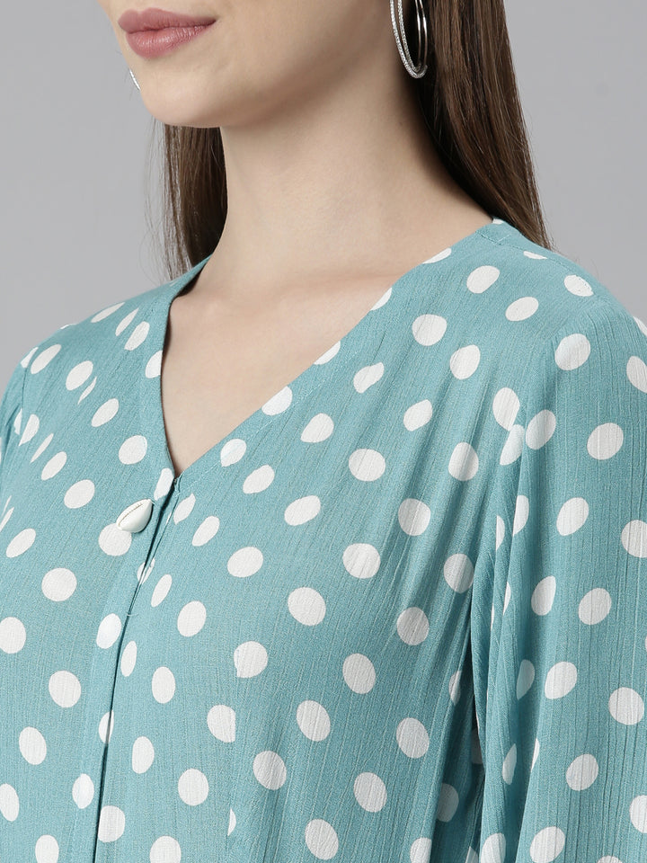Neerus Sea Green Straight Casual Polka Dots Dresses
