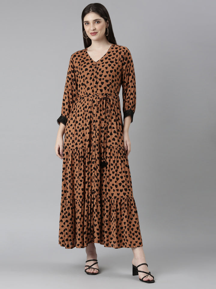 Neerus Brown Straight Casual Polka Dots Dresses