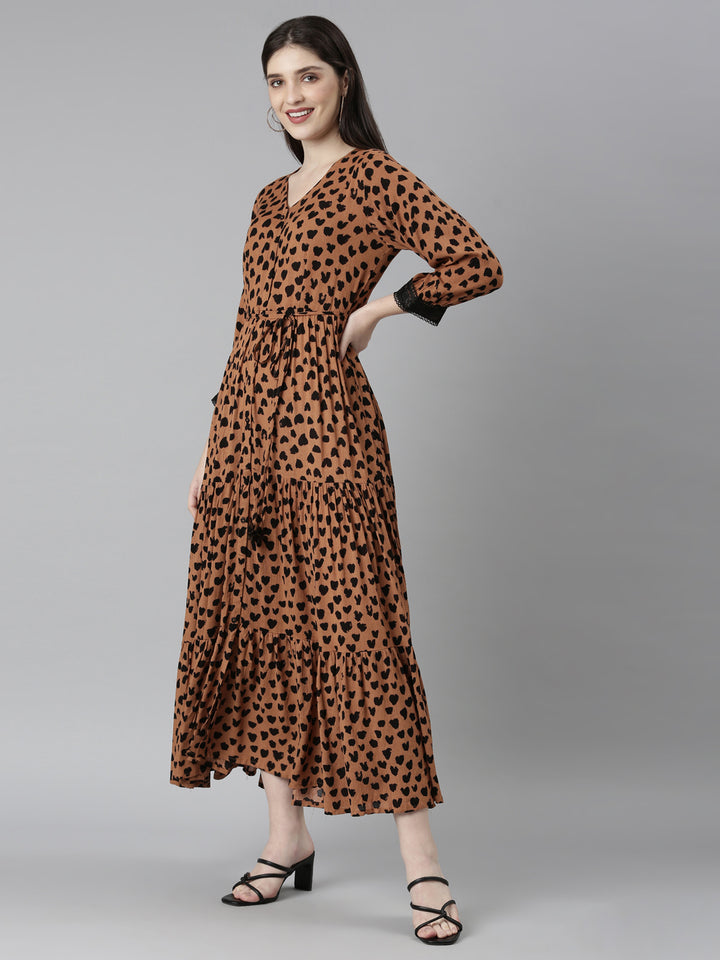 Neerus Brown Straight Casual Polka Dots Dresses