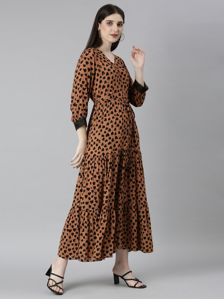 Neerus Brown Straight Casual Polka Dots Dresses