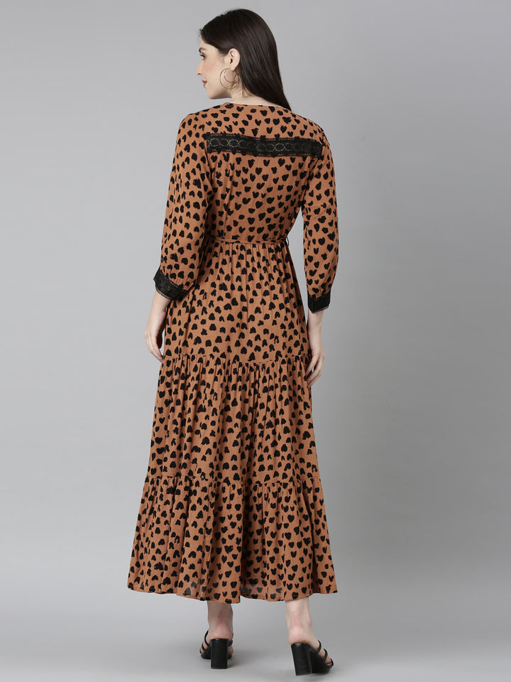 Neerus Brown Straight Casual Polka Dots Dresses