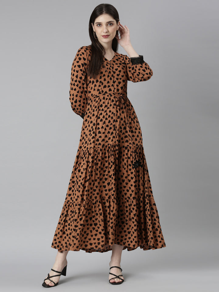 Neerus Brown Straight Casual Polka Dots Dresses