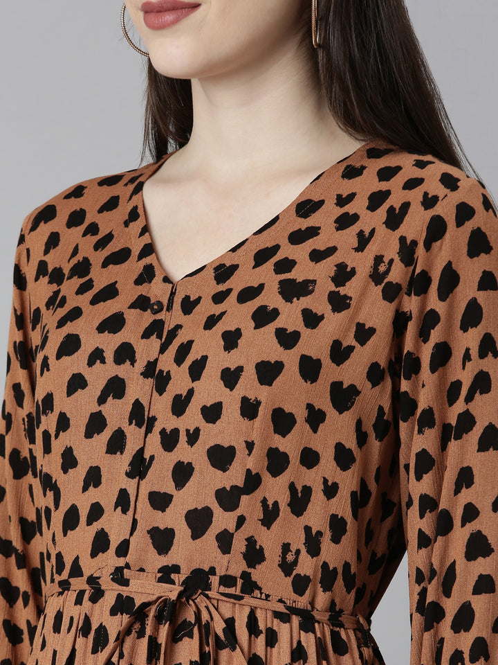 Neerus Brown Straight Casual Polka Dots Dresses