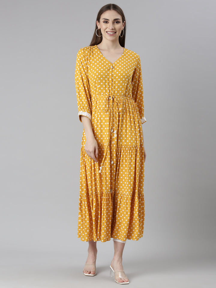 Neerus Mustard Straight Casual Polka Dots Dresses