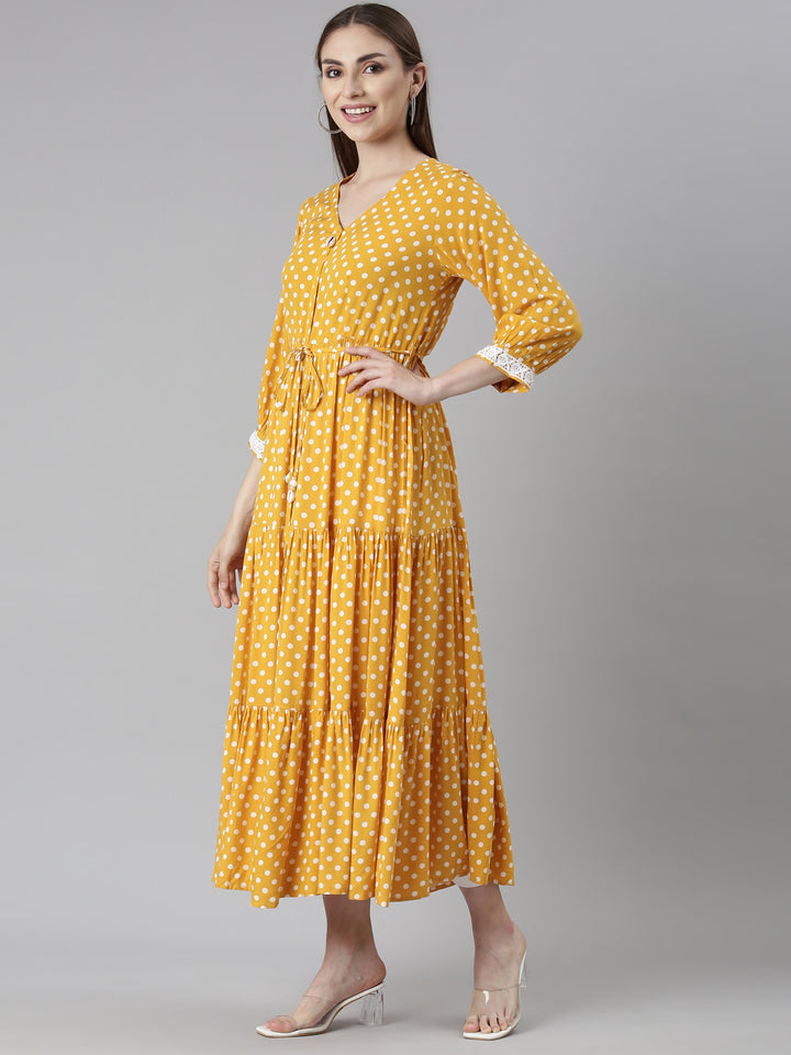 Neerus Mustard Straight Casual Polka Dots Dresses
