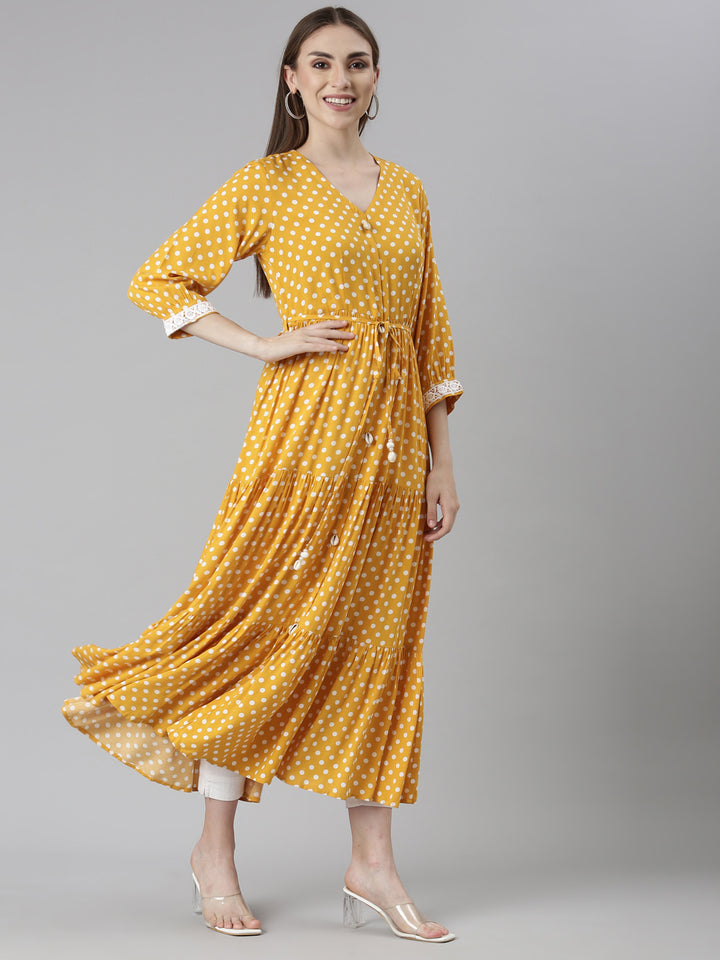 Neerus Mustard Straight Casual Polka Dots Dresses