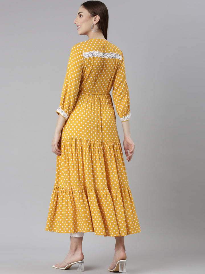 Neerus Mustard Straight Casual Polka Dots Dresses