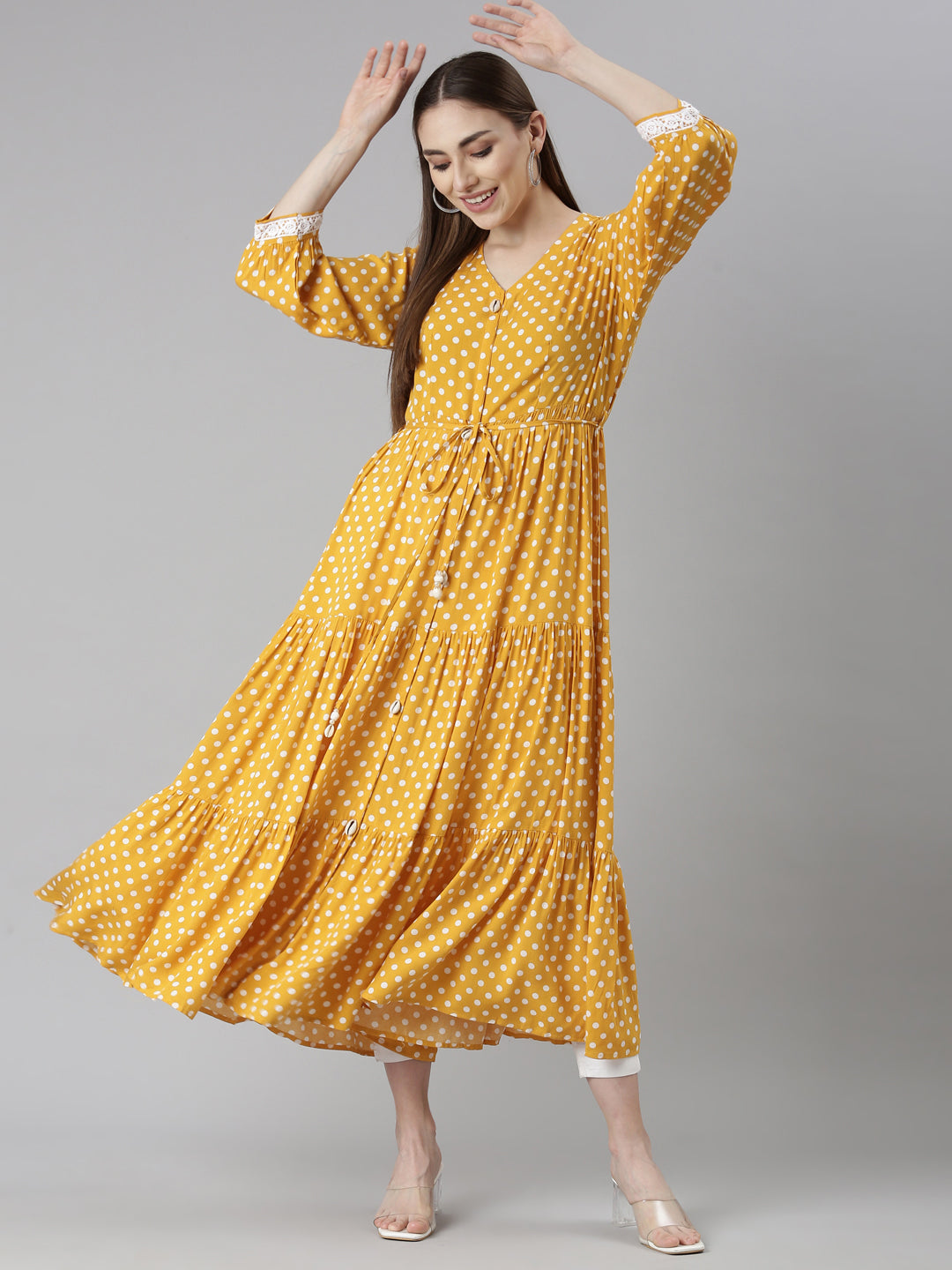 Neeru's Mustard Straight Casual Polka Dots Dresses