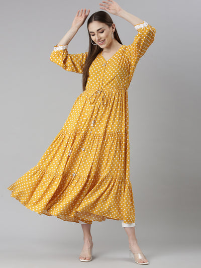 Neeru's Mustard Straight Casual Polka Dots Dresses