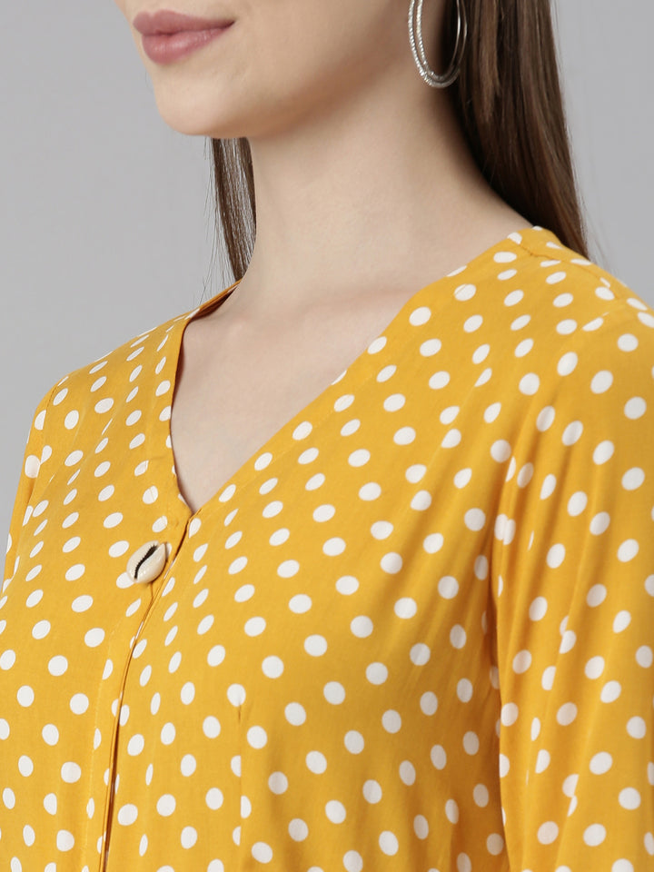 Neerus Mustard Straight Casual Polka Dots Dresses