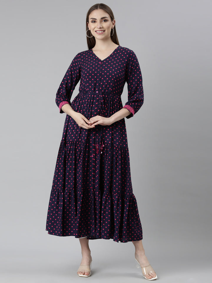 Neerus Navy Blue Straight Casual Polka Dots Dresses