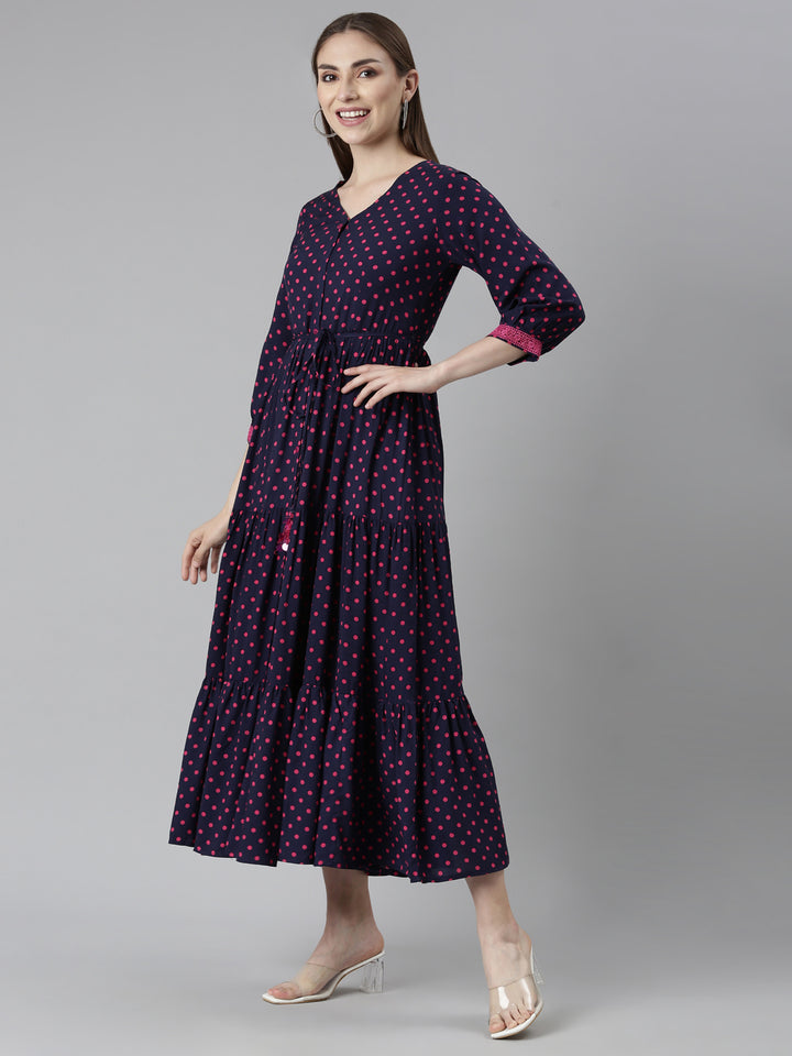 Neerus Navy Blue Straight Casual Polka Dots Dresses