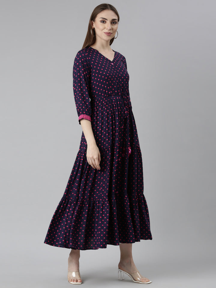 Neerus Navy Blue Straight Casual Polka Dots Dresses