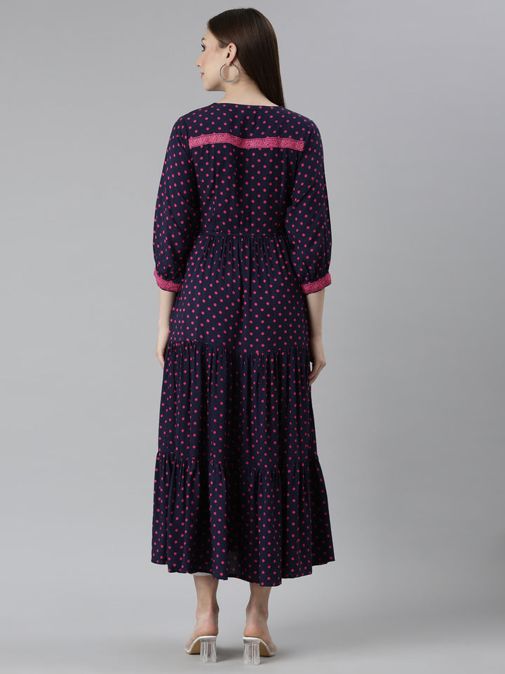 Neerus Navy Blue Straight Casual Polka Dots Dresses