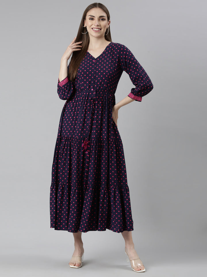 Neerus Navy Blue Straight Casual Polka Dots Dresses