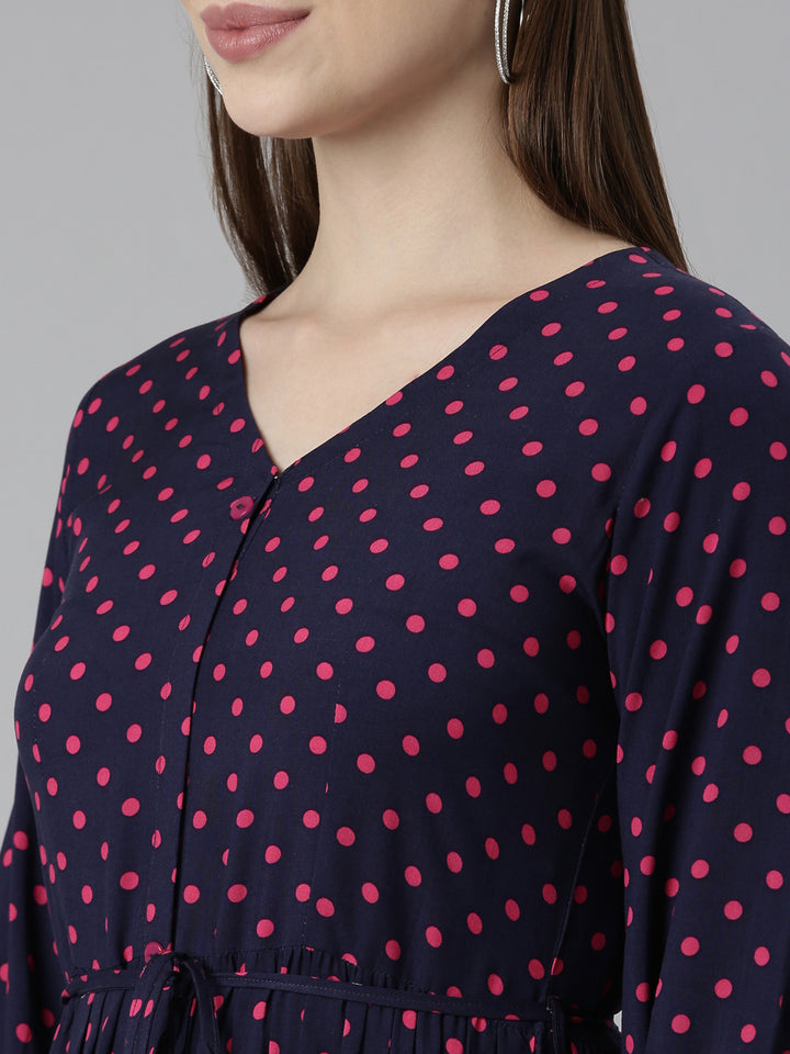 Neerus Navy Blue Straight Casual Polka Dots Dresses