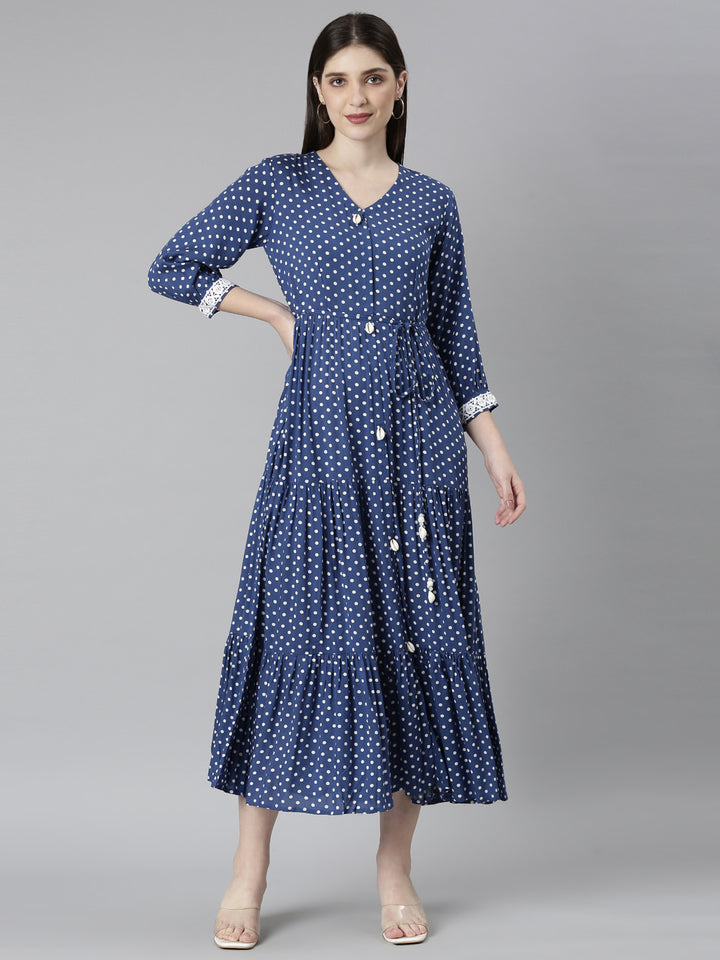 Neerus Blue Straight Casual Polka Dots Dresses