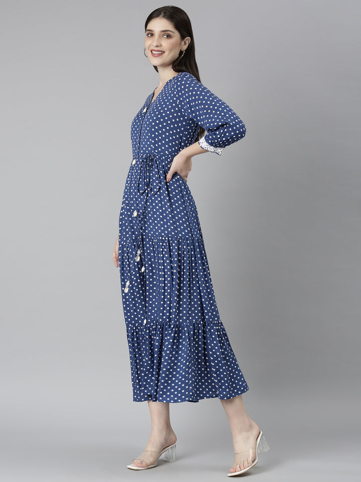 Neerus Blue Straight Casual Polka Dots Dresses