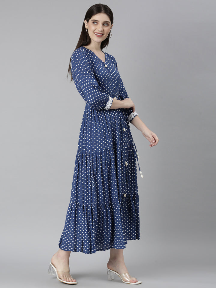 Neerus Blue Straight Casual Polka Dots Dresses