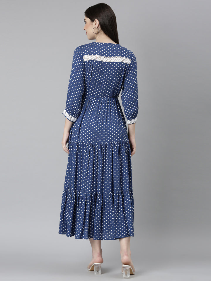 Neerus Blue Straight Casual Polka Dots Dresses