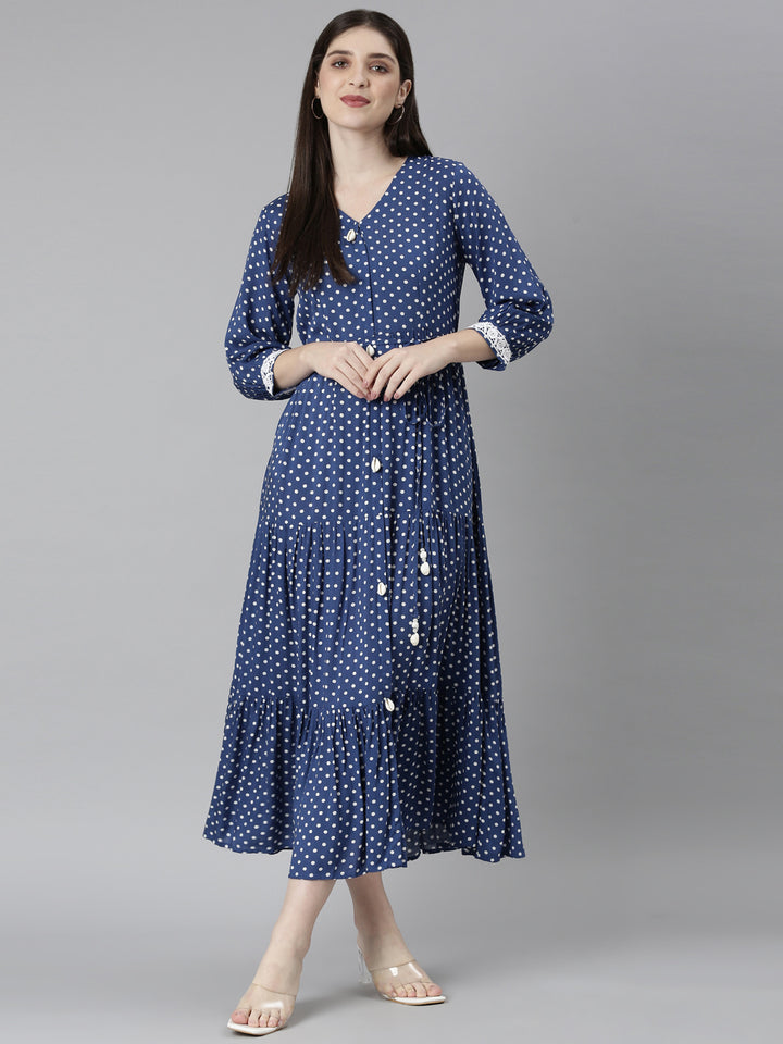 Neerus Blue Straight Casual Polka Dots Dresses