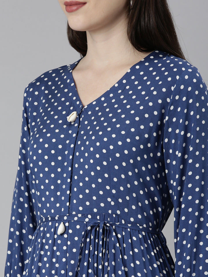 Neerus Blue Straight Casual Polka Dots Dresses