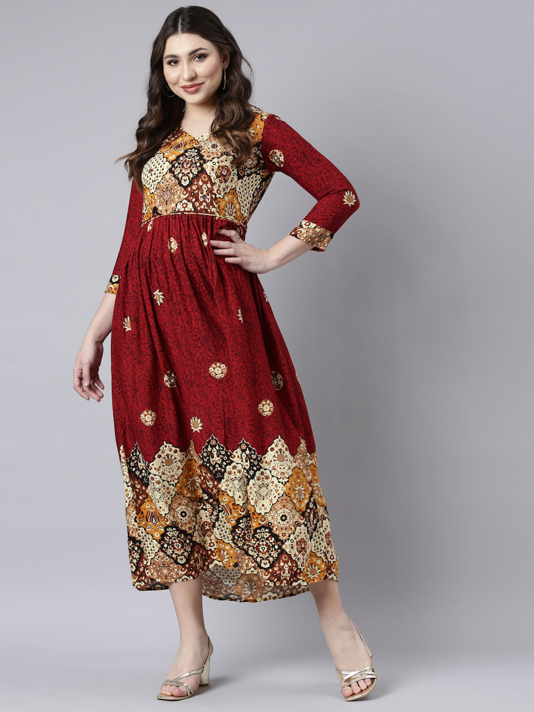 Neerus Maroon Floral Printed Rayon Maxi Dress for Casual Women – Neerus India