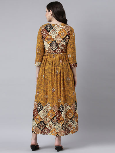 Neerus Mustard Straight Casual Floral Maxi Dresses