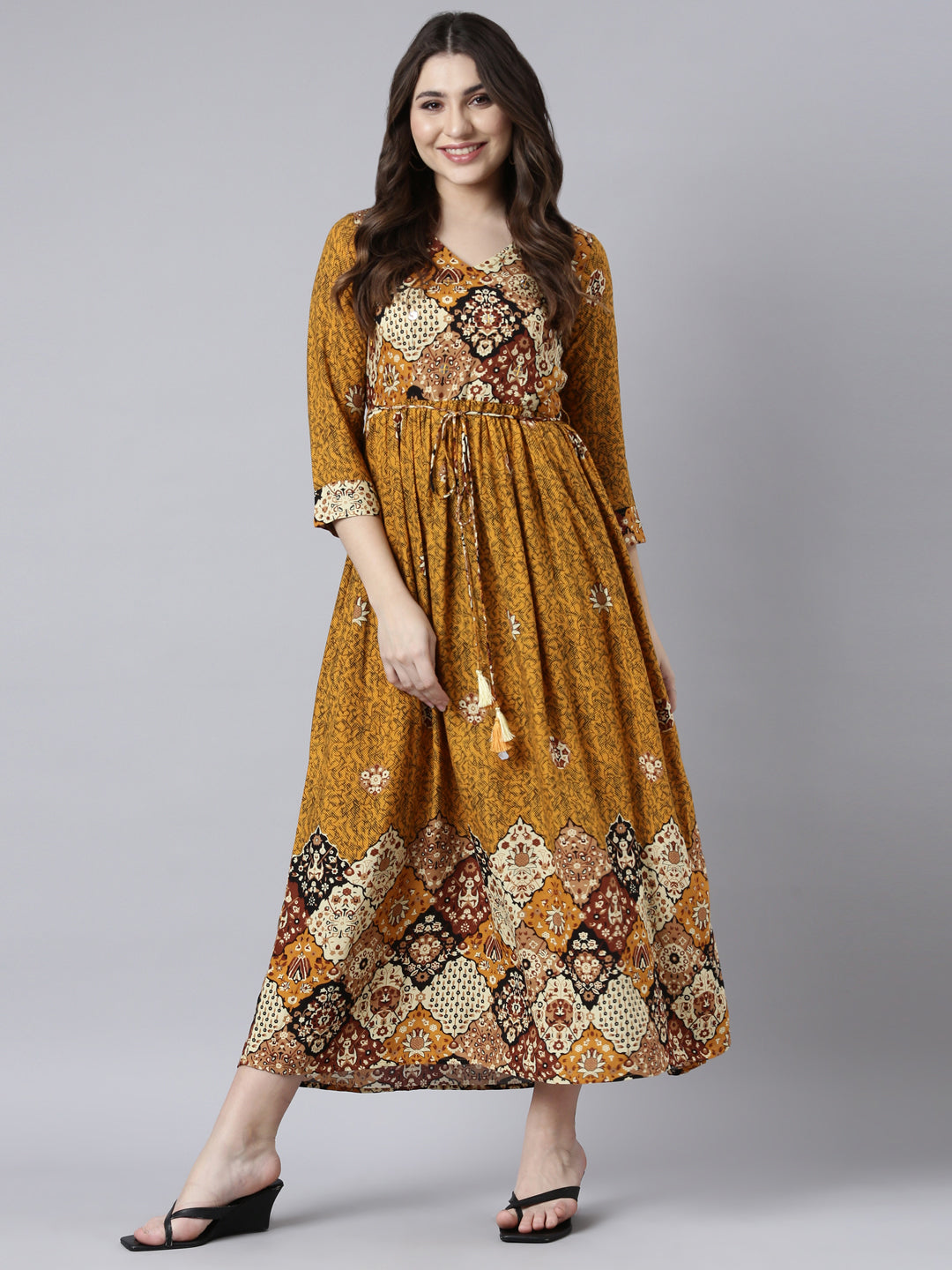 Neerus Mustard Straight Casual Floral Maxi Dresses