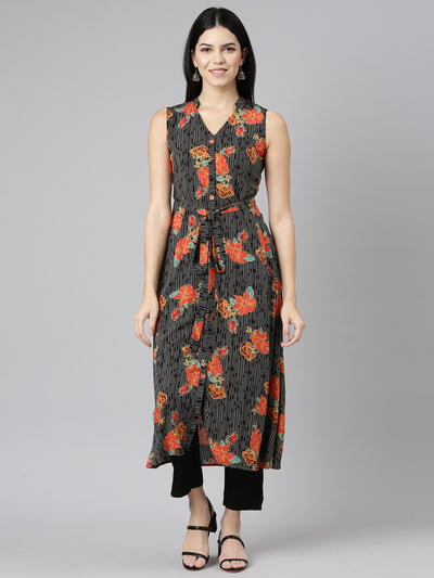 Neerus Black Regular Straight Printed Kurtas