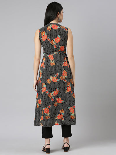 Neerus Black Regular Straight Printed Kurtas